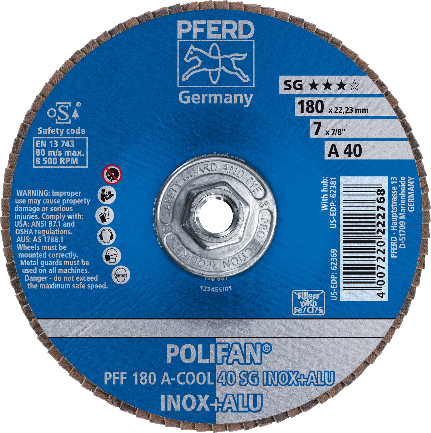 7" x 5/8-11 Thd. POLIFAN® Flap Disc, A-COOL SG INOX+ALU, Aluminum Oxide, 40 Grit, Flat